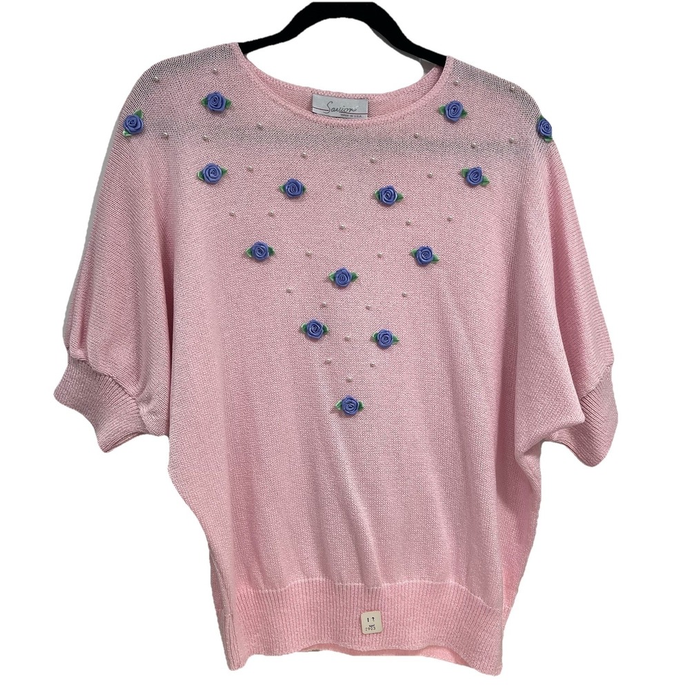 VTG Savion Pullover Sweater Pink 3D Pearl Flower 80s Ballet Coquette Cottage NWT